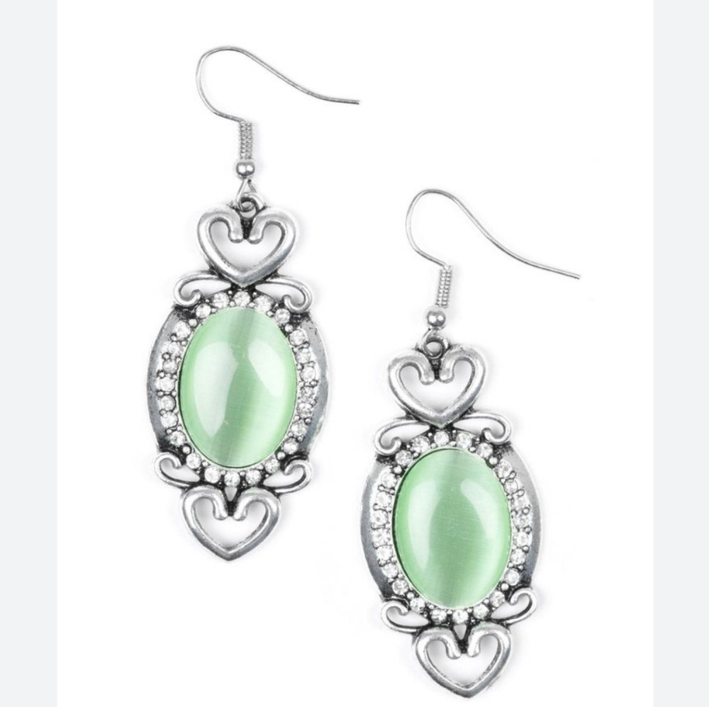 Silver earrings with green catseye stone